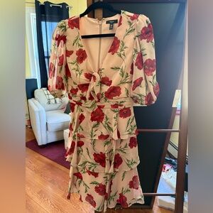 Aqua Red and Cream Wrap Midi Dress with Puff Sleeves